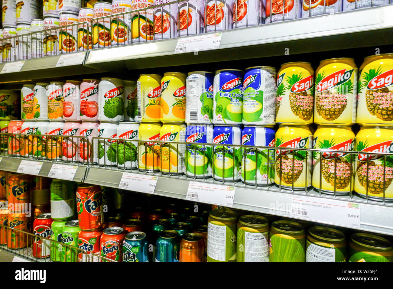 Asian supermarket 'Go Asia' supermarket shelves, fruit drinks in cans, Dresden, Germany Stock Photo