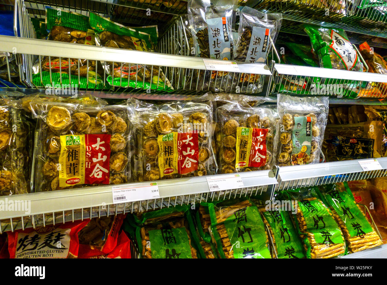 Asian supermarket 'Go Asia' supermarket shelves, dried mushrooms, Dresden, Germany Stock Photo