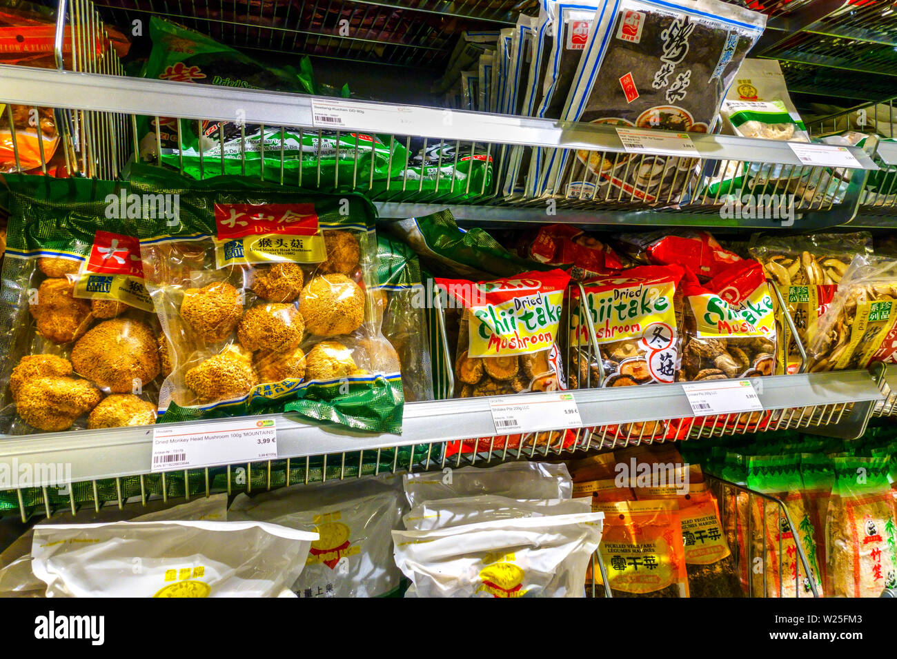 Asian supermarket 'Go Asia' supermarket shelves, dried mushrooms, Dresden, Germany Supermarket shelf Stock Photo