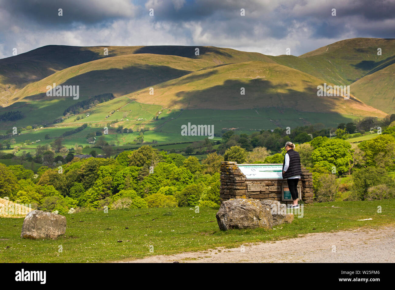 UK, Cumbria, Sedbergh, Frostrow and Soolbank, visitor at Tom Croft Hill viewpoint enjoying view of Howgill Fells Stock Photo