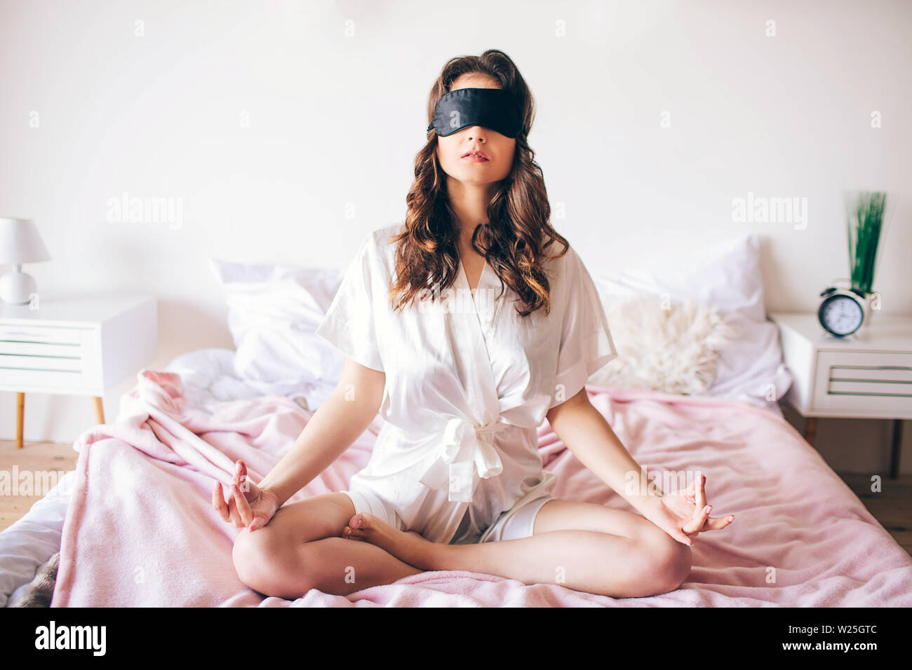 Dark Haired Beautiful Young Brunette Wake Up In Her Bed Calm Peaceful Nice Woman Meditation