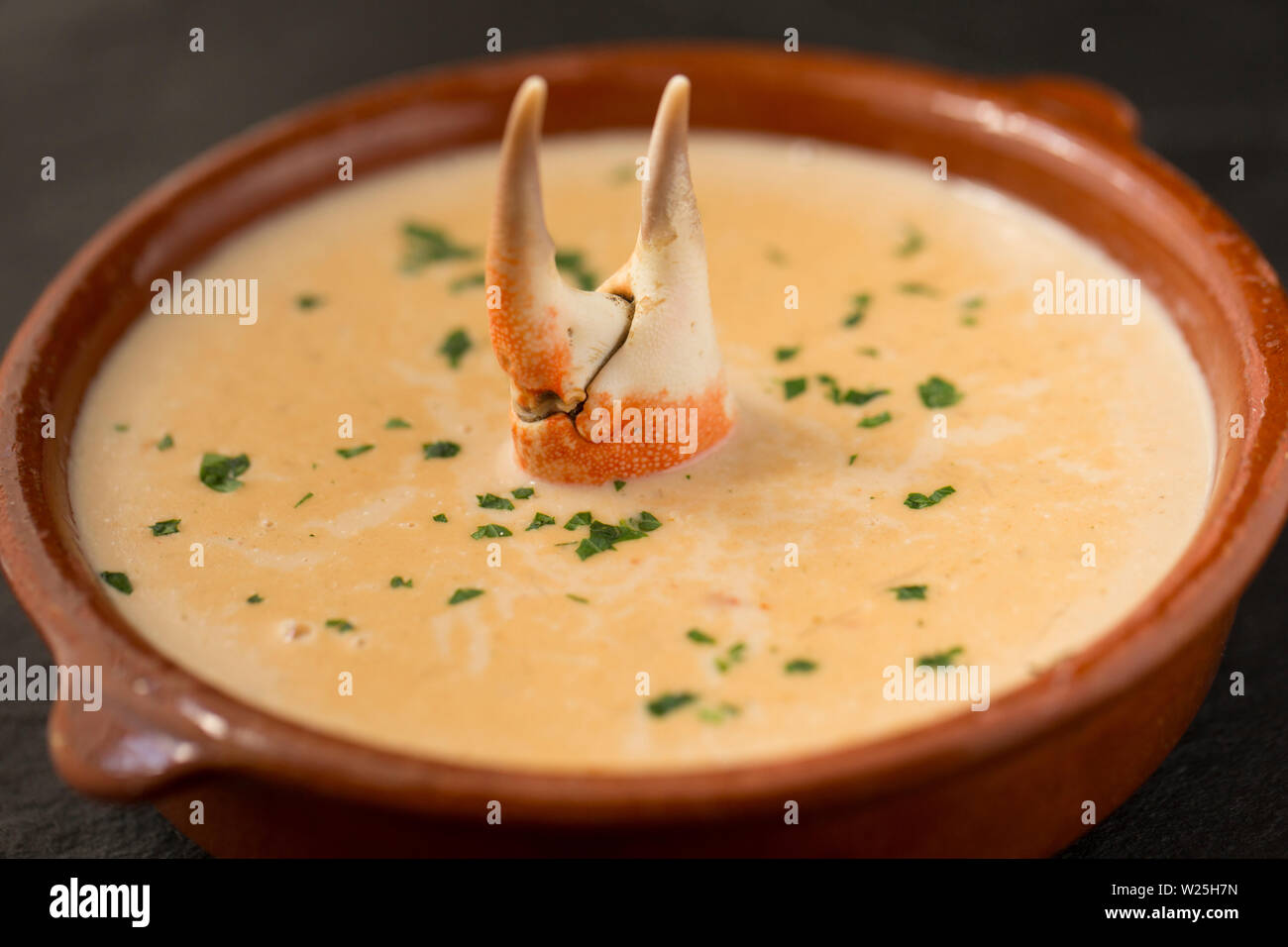 A homemade spider crab bisque made from a spider crab, Maja brachydactyla, that was caught in the English Channel. It has been served in a bowl and ga Stock Photo