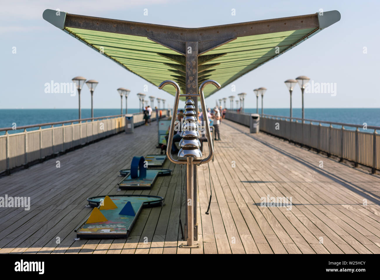 Renovated Victorian pier at Boscombe, Dorset, England, UK, has a collection of steel percussion instruments for the public to use. Stock Photo