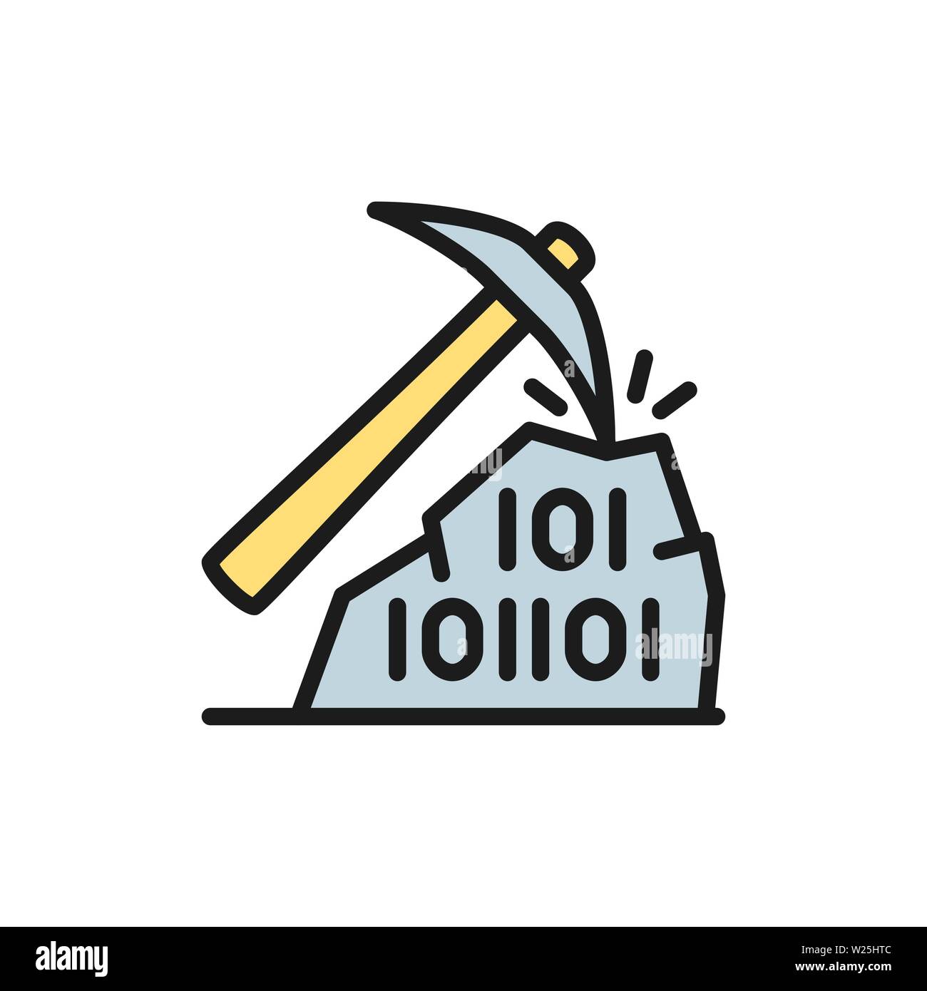 Pickaxe with binary stone code, blockchain, cryptocurrency flat color icon. Stock Vector