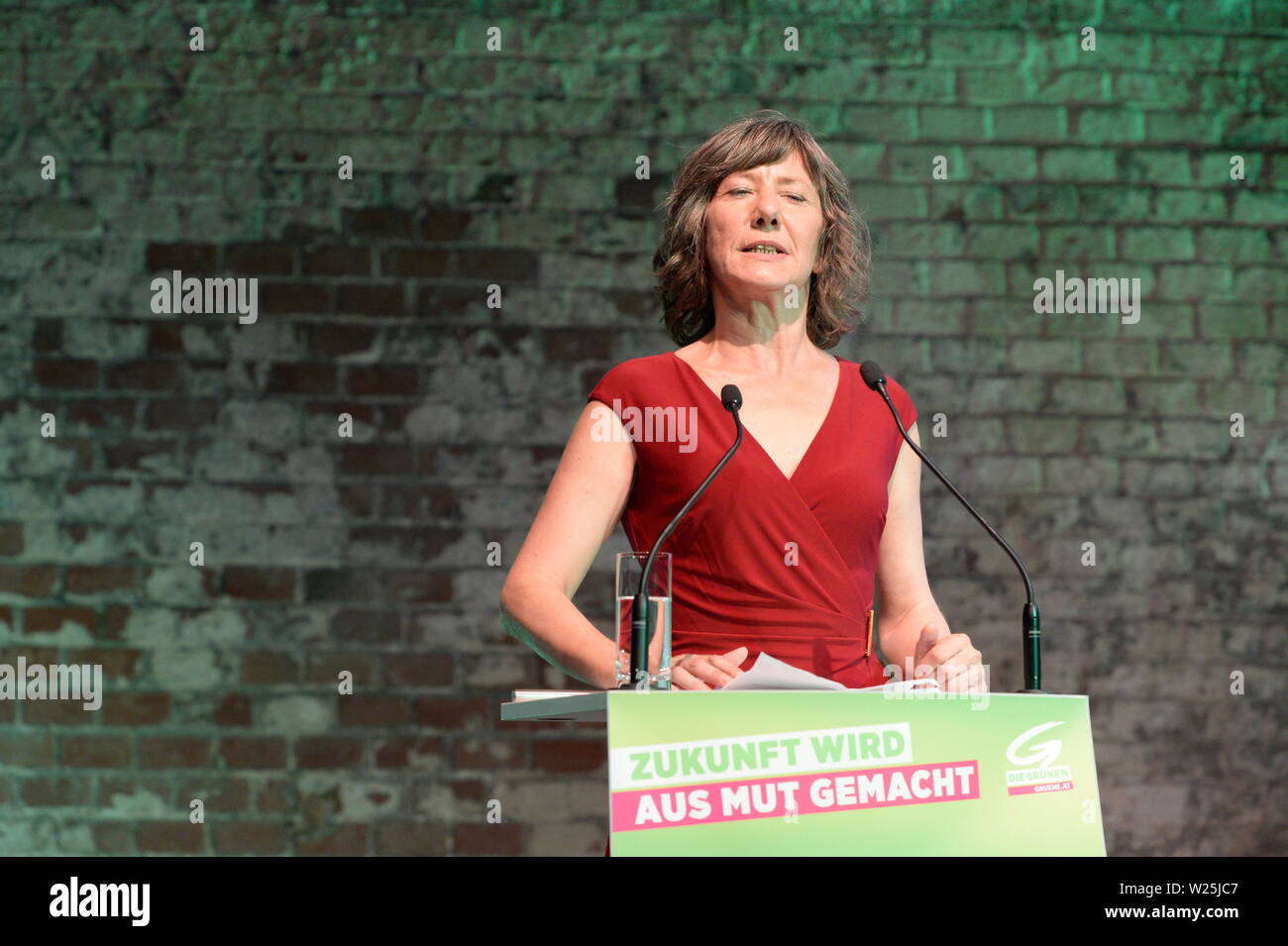 Vienna, Austria. 06th July, 2019. 41st Federal Congress of the Greens. The list places 1 to 14 of the list of candidates for the National Council election 2019 are selected in the “Expedithalle Wien”.  Picture shows the Deputy Mayor of Vienna, Birgit Hebein. Credit: Franz Perc / Alamy Live News Stock Photo