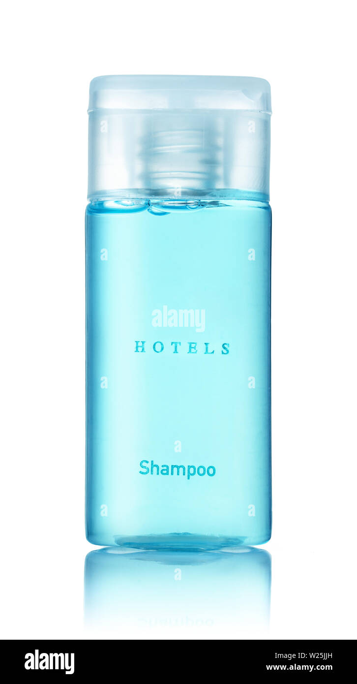 Front view of small plastic hotel shampoo bottle isolated on white Stock Photo