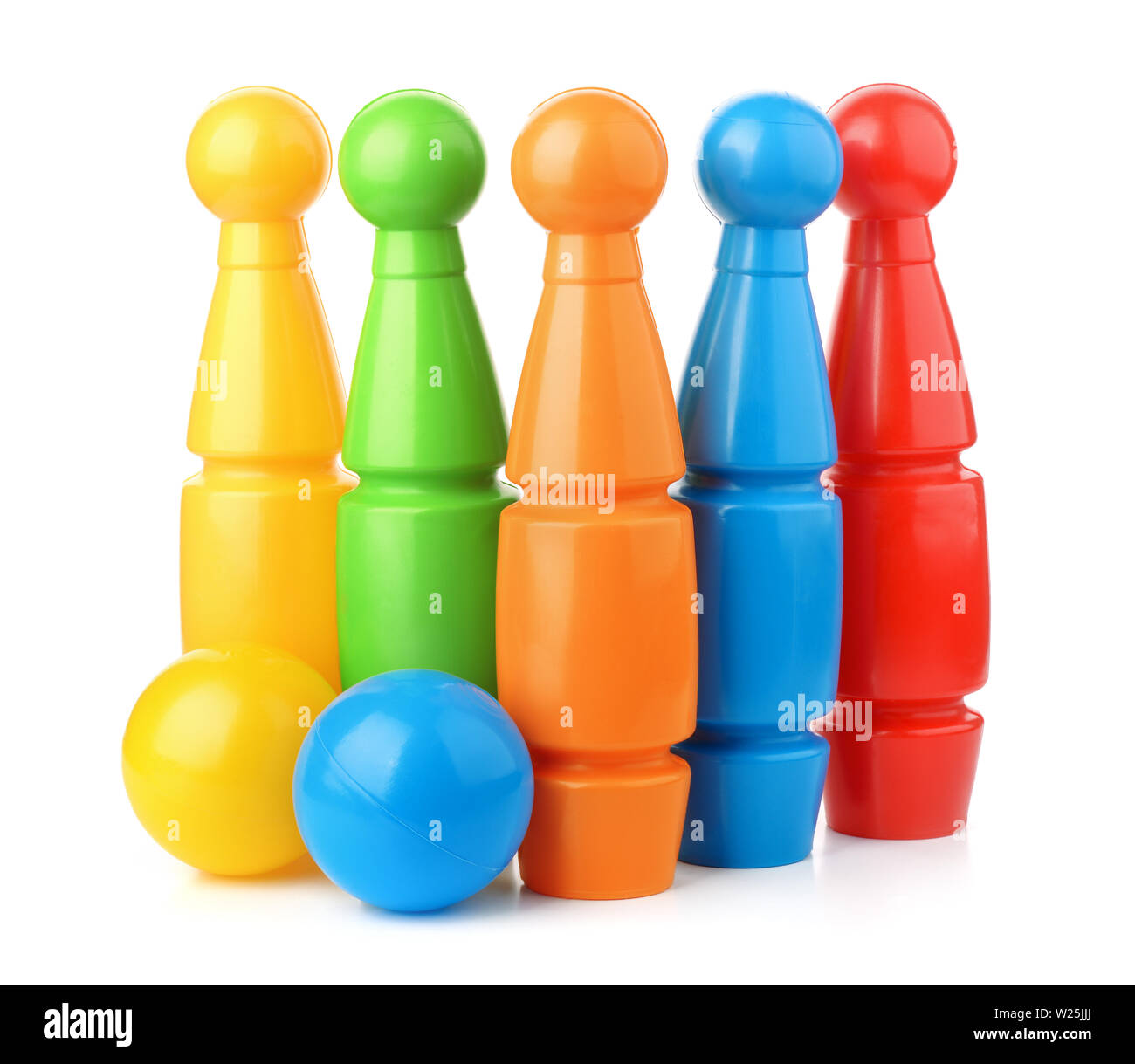 Front view of toy plastic bowling pins and balls isolated on white Stock Photo