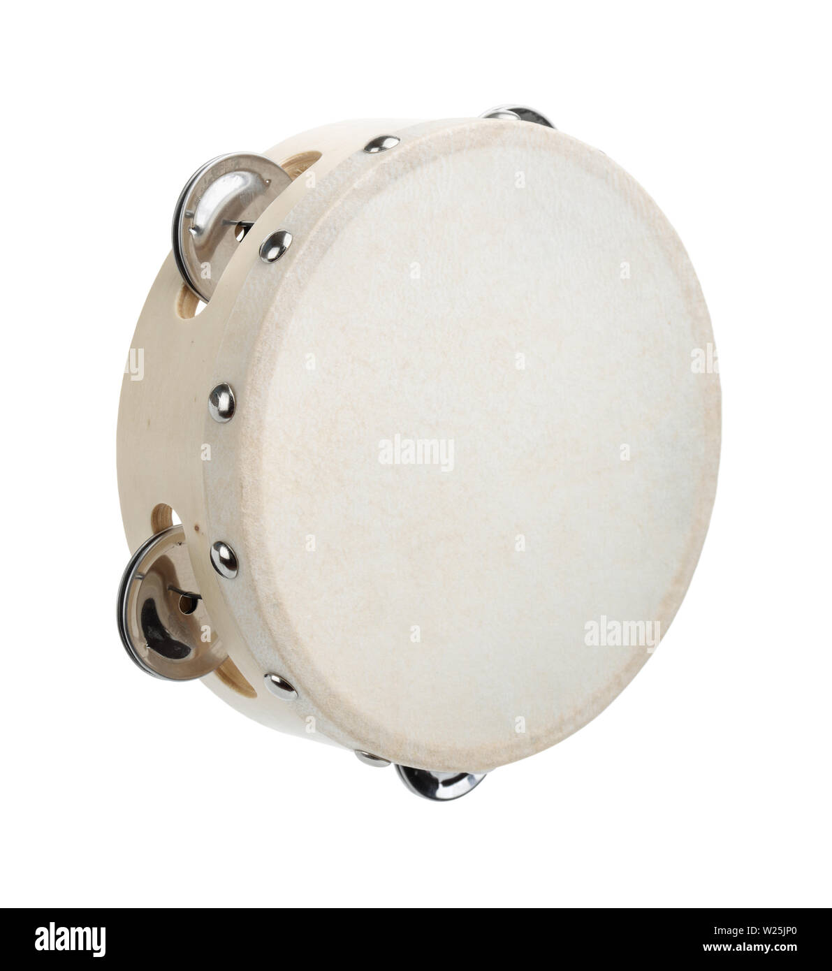 Classic tambourine made of wood and hide isolated on white Stock Photo