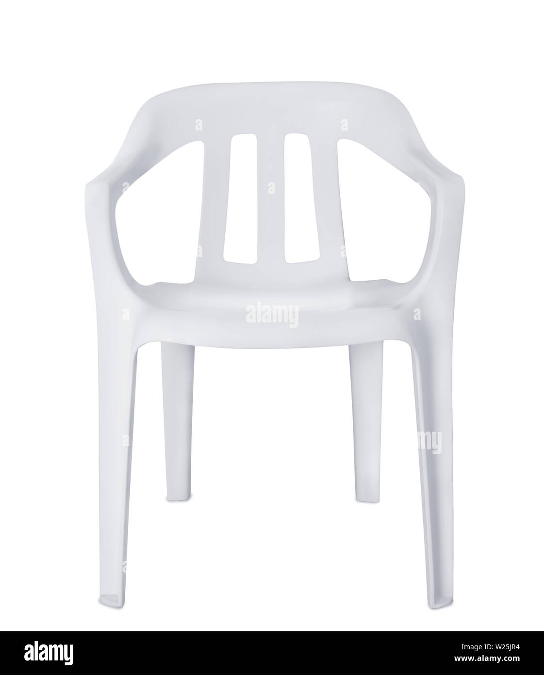 Front view of white plastic chair isolated on white Stock Photo