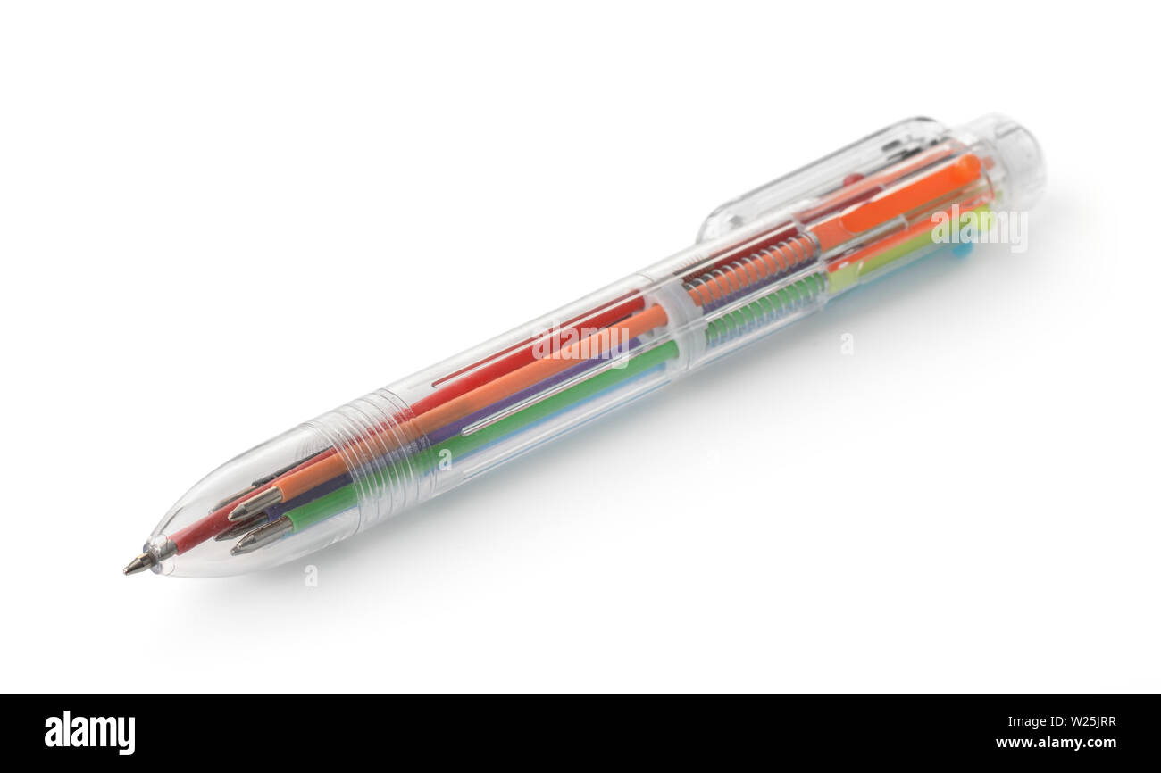 Plastic transparent multicolor retractable ballpoint pen isolated on white Stock Photo
