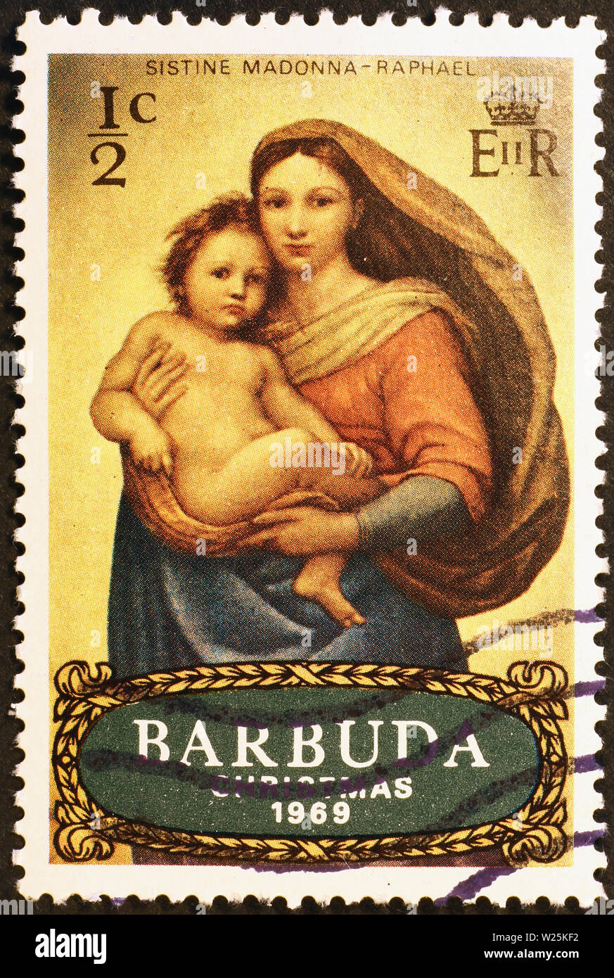 Madonna by Raphael in Sistine Chapel on stamp Stock Photo