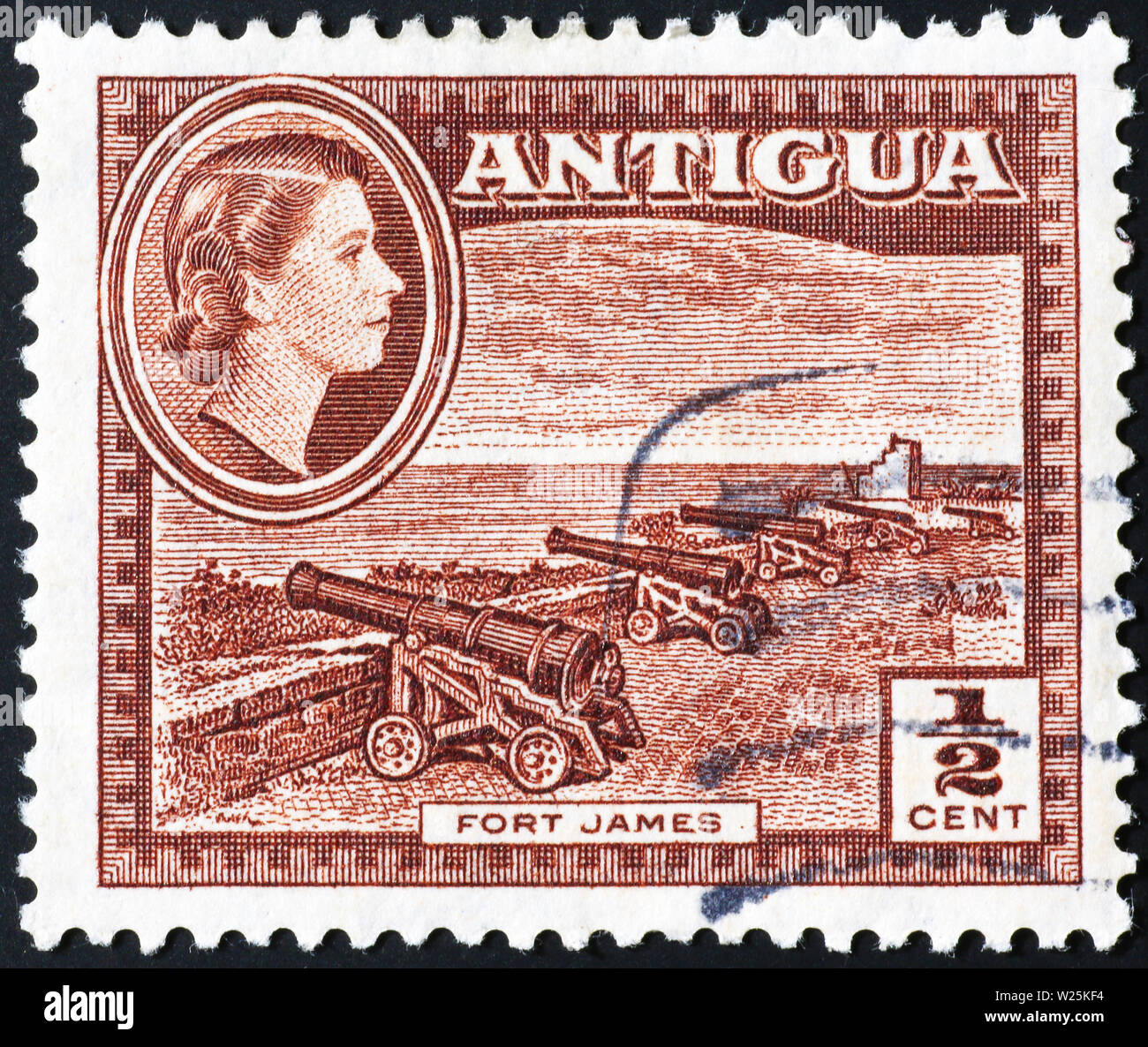 Old guns on vintage postage stamp of Antigua Stock Photo Alamy