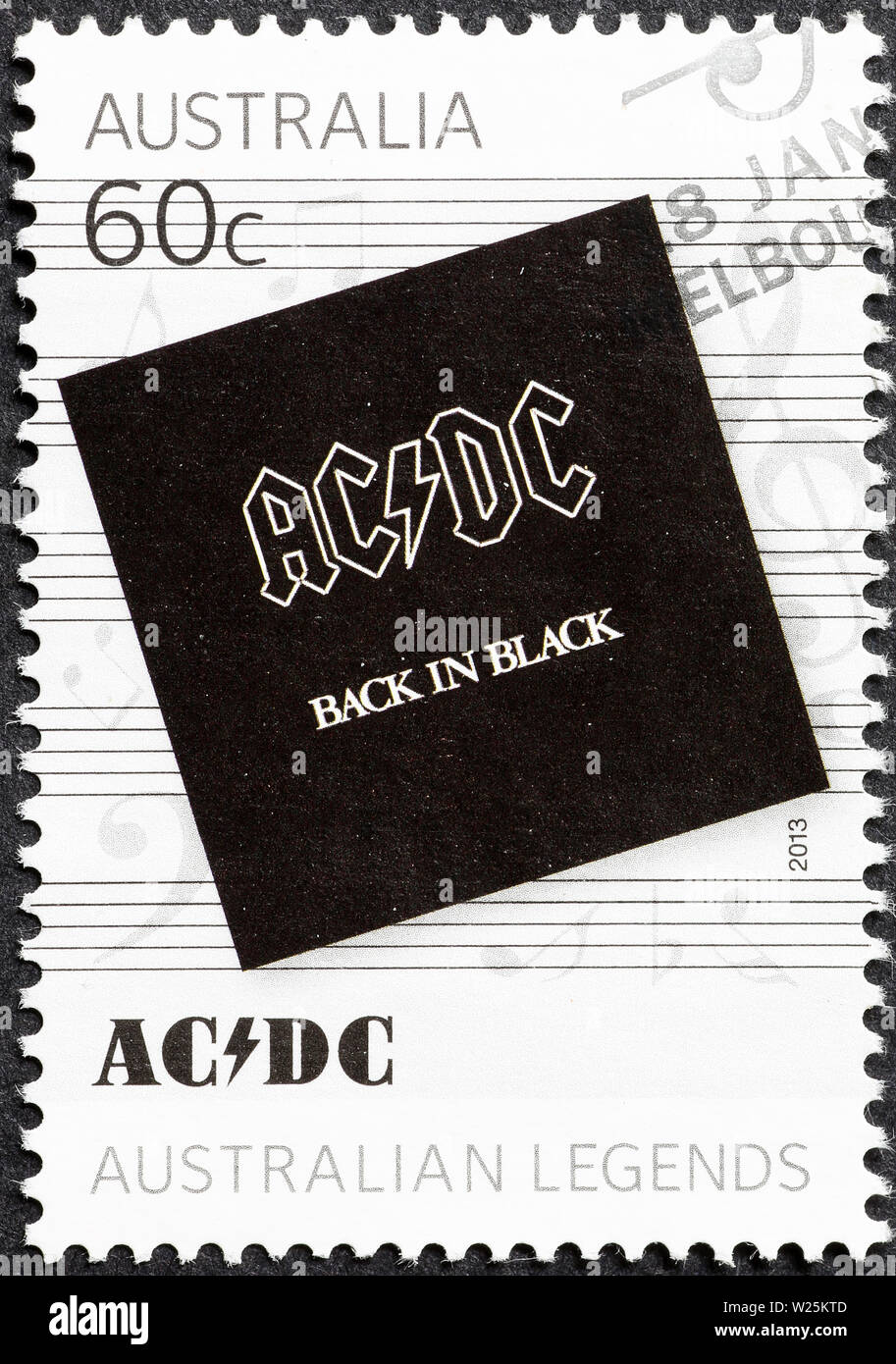 Back in black by AC-DC on australian postage stamp Stock Photo