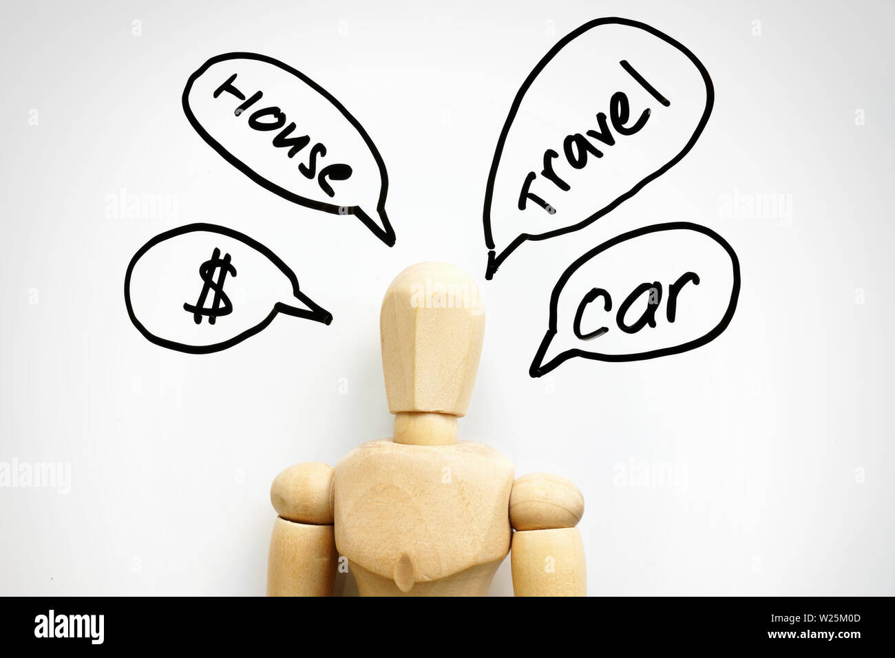 Wooden figurine and such wishes as house, money, travel and car. Stock Photo