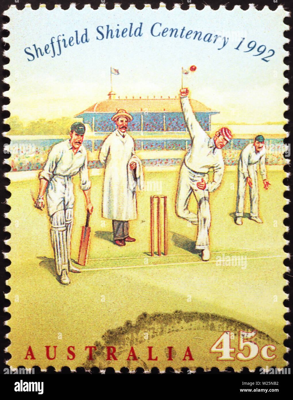 Vintage cricket players on australian postage stamp Stock Photo