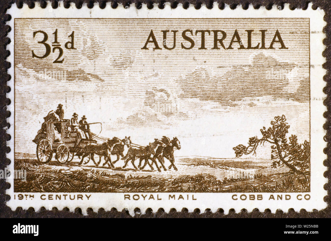 Vintage australian stamp with old coach delivering mail Stock Photo