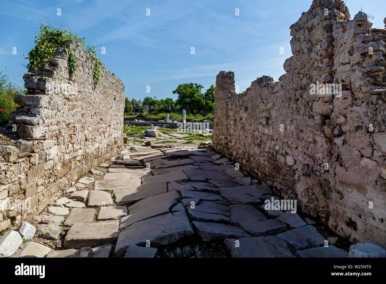 Old stone road with columns and ruins of the city of Side Turkey Stock ...