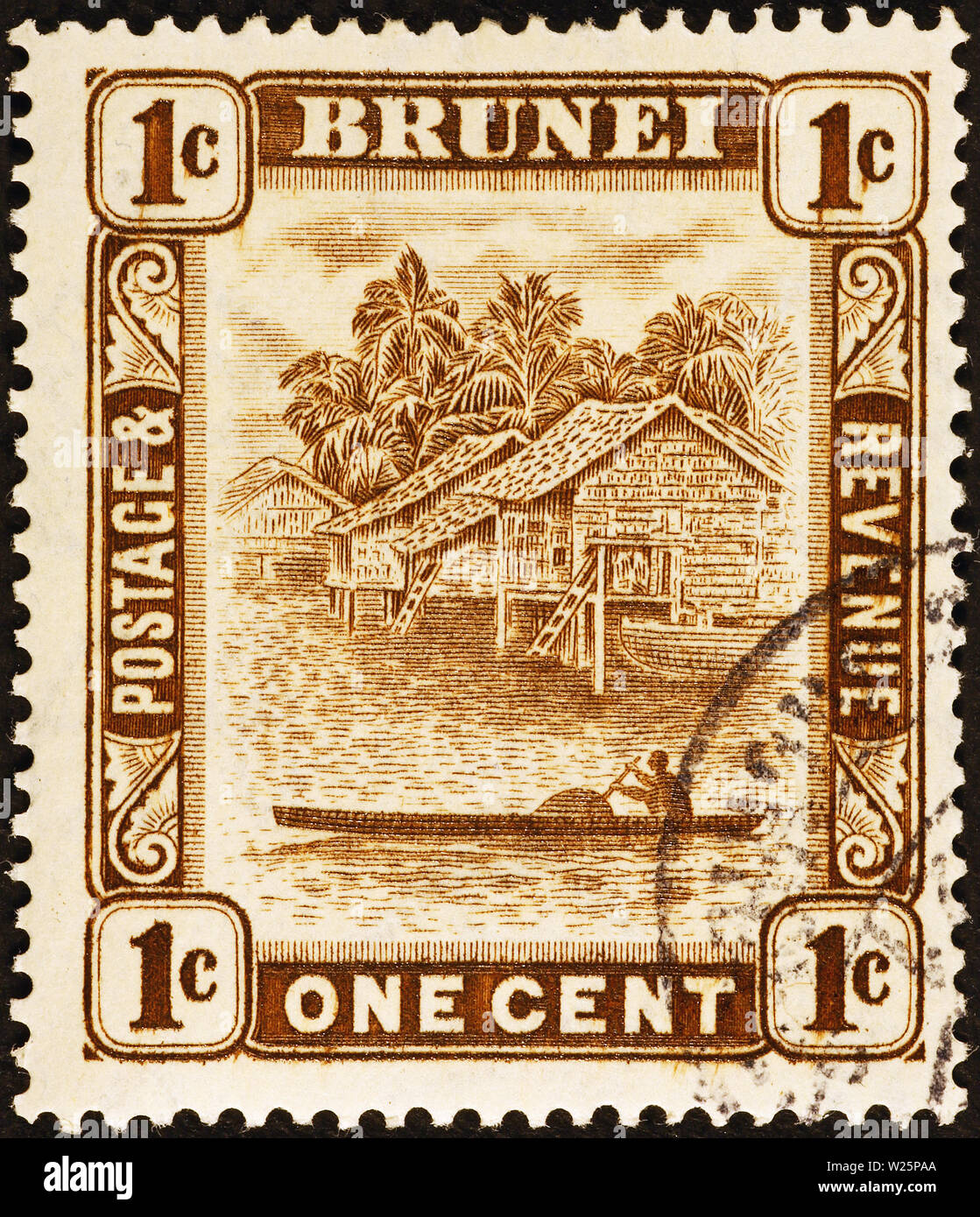 Pirague on vintage postage stamp of Brunei Stock Photo