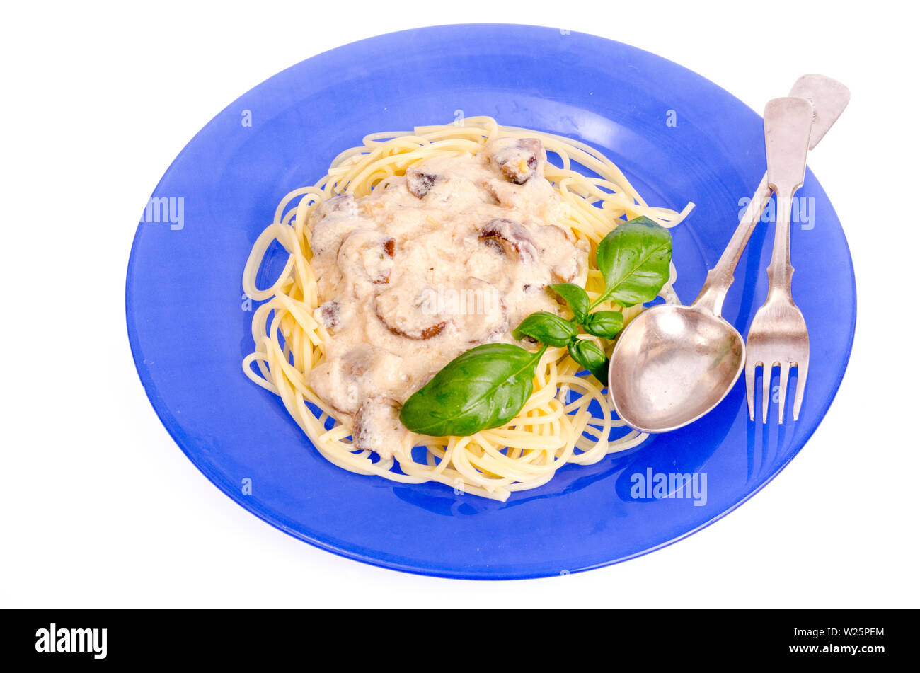 Blue plate with spaghetti and mushroom sauce. Stock Photo