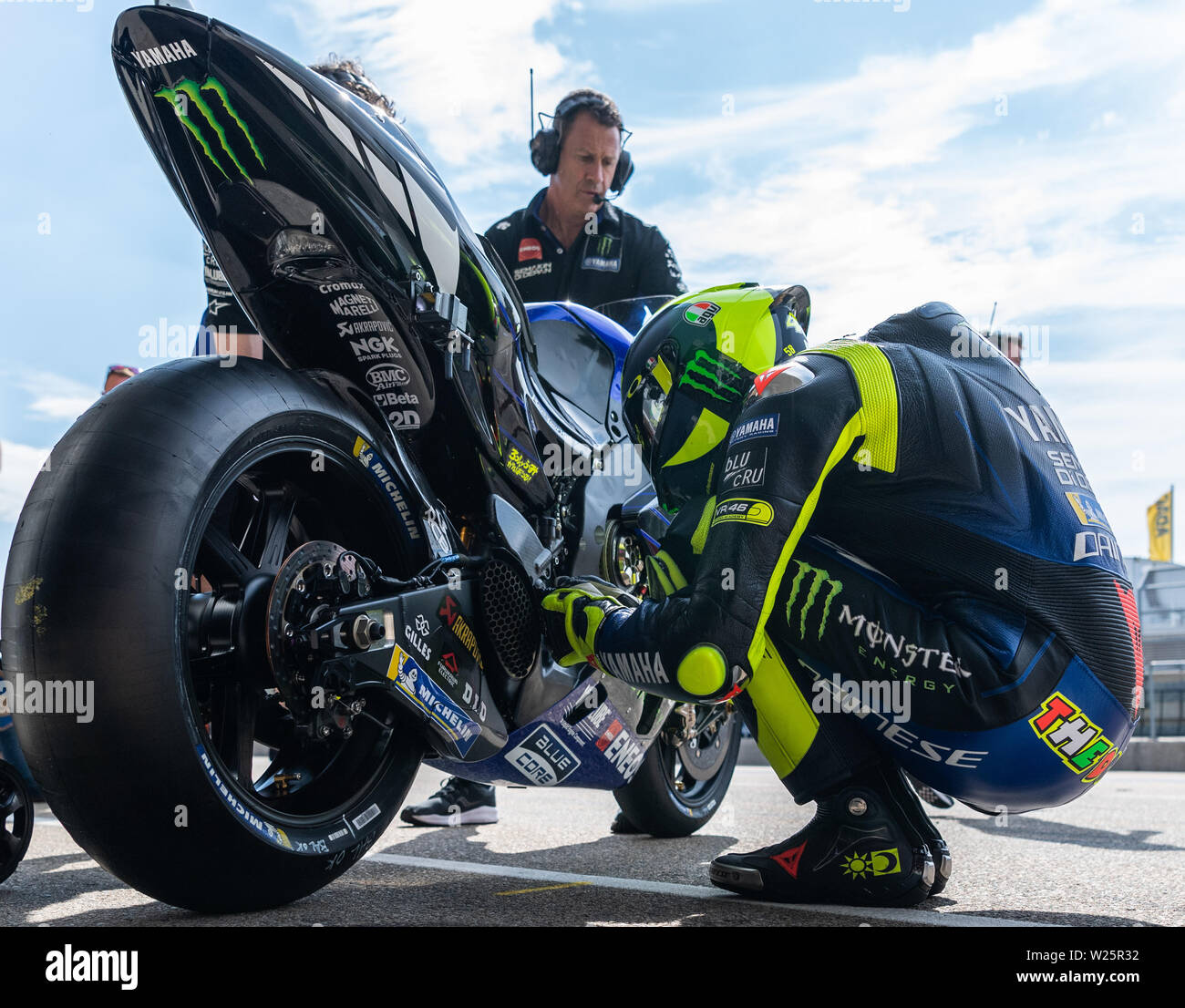 Hohenstein Ernstthal, Germany. . 06th July, 2019. Motorcycle, Grand Prix of  Germany, 3rd free practice MotoGP at the Sachsenring: Rider Valentino Rossi  (Italy, Monster Energy Yamaha MotoGP Team) squats in front of
