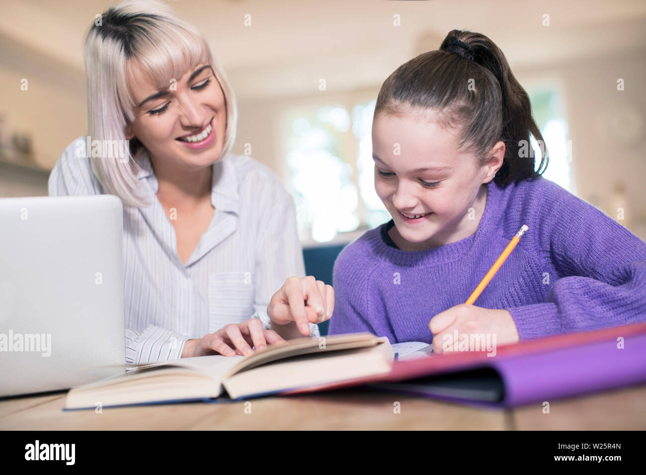 Female Home Tutor Helping Young Girl With Studies Stock Photo