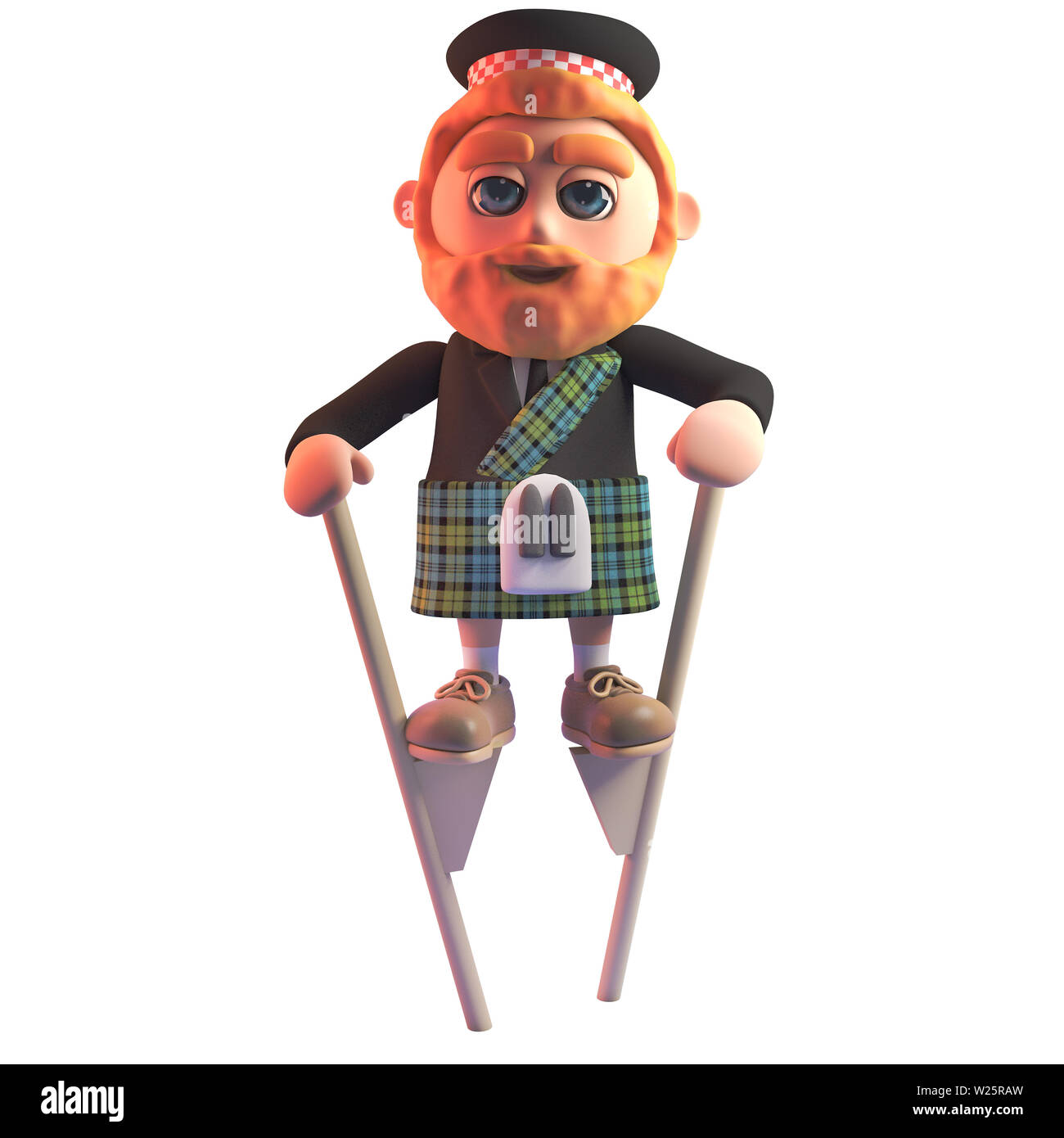 Scottish man in kilt on stilts makes a spectacle of himself, 3d