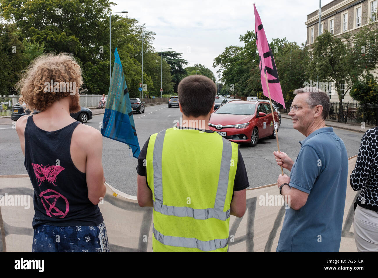Cambridge, UK. 6th July 2019. Extinction Rebellion Cambridge stage ‘Streets for Life’, a non-violent protest for climate change in Cambridge, UK. ‘Streets for Life’ is closing several roads in central Cambridge to vehicle traffic whilst creating community orientated activities. CamNews / Alamy Live News. Stock Photo