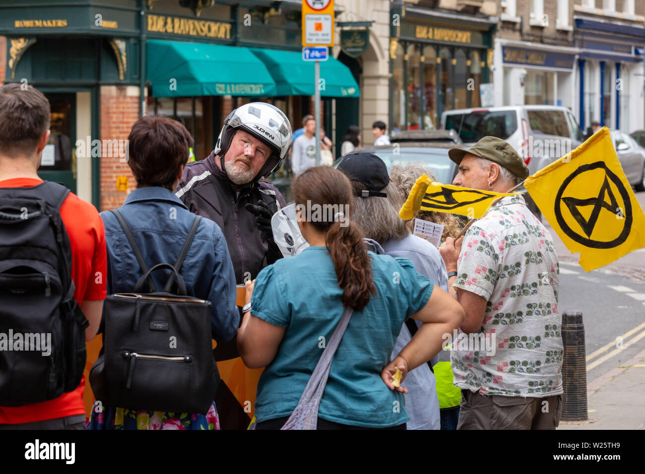 Cambridge, UK. 6th July 2019. Extinction Rebellion Cambridge stage ‘Streets for Life’, a non-violent protest for climate change in Cambridge, UK. ‘Streets for Life’ is closing several roads in central Cambridge to vehicle traffic whilst creating community orientated activities. CamNews / Alamy Live News. Stock Photo