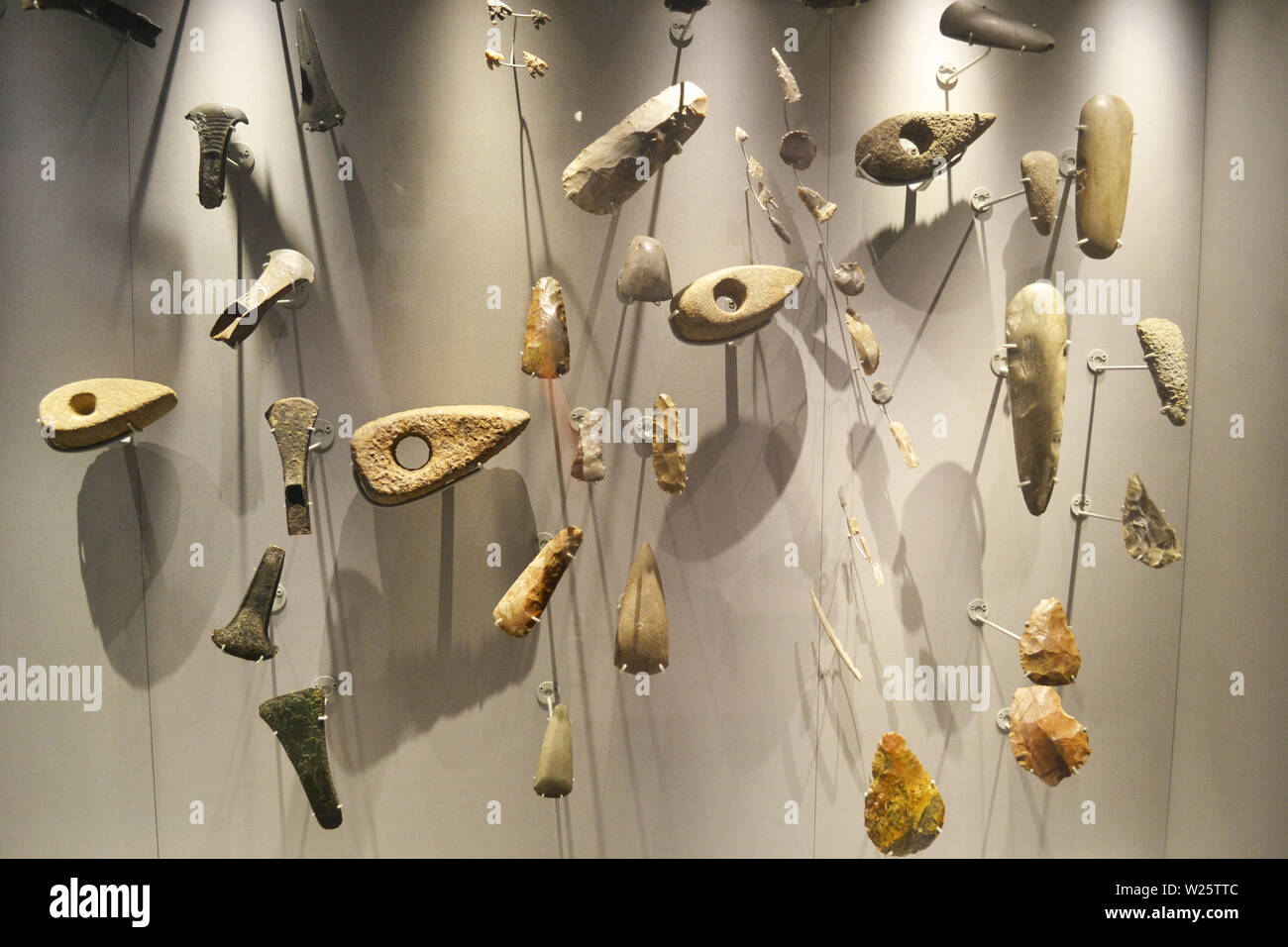 Prehistoric axe heads and arrow heads at Shrewsbury Museum and Art Gallery, Shrewsbury, Shropshire, UK Stock Photo