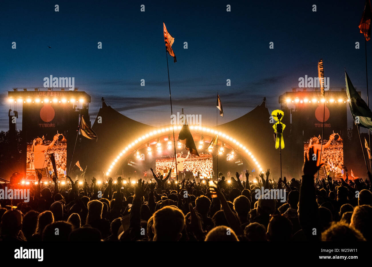 Roskilde, Denmark. July 05th, 2019. Impressive view over the stage area in  front of the main stage, the Orange Stage, at the Danish music festival  Roskilde Festival 2019. (Photo credit: Gonzales Photo -