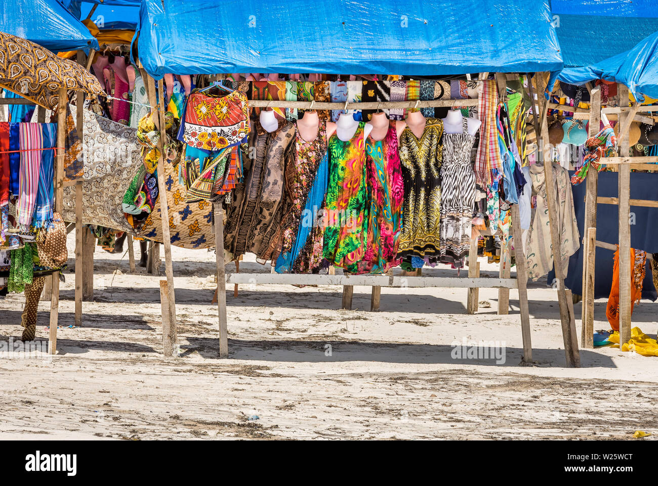 Colorful souvenirs on wooden stall, Diani beach in Kenya Stock Photo