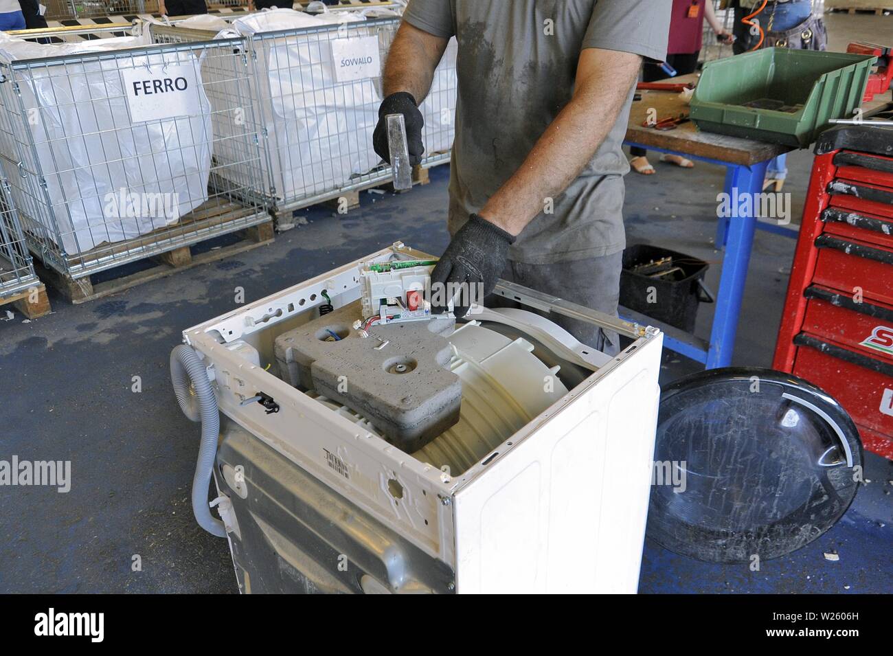 Plant for the treatment and  exploitation of electrical and electronic waste (WEEE) set up by the A2A company inside the Bollate prison (Milan, Italy) Stock Photo