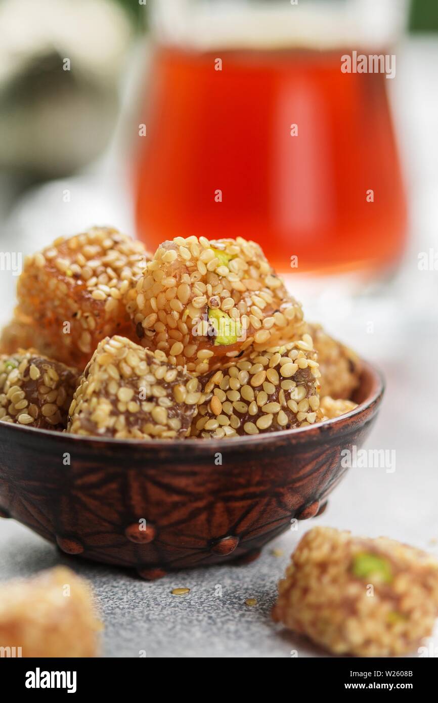 Traditional Turkish delight. lokum. Oriental sweets with sesame and ...