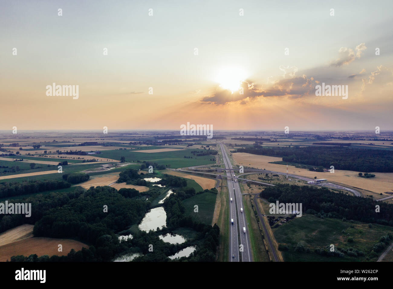Aerial photography of a sunset over the A2 highway in Poland. Stock Photo