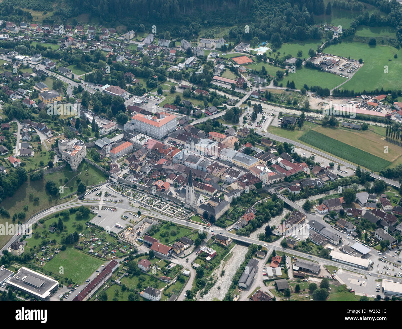 Gmuend in Carinthia, Austria - Aerial View - Medieval Town Center and Tourist Attraction Stock Photo