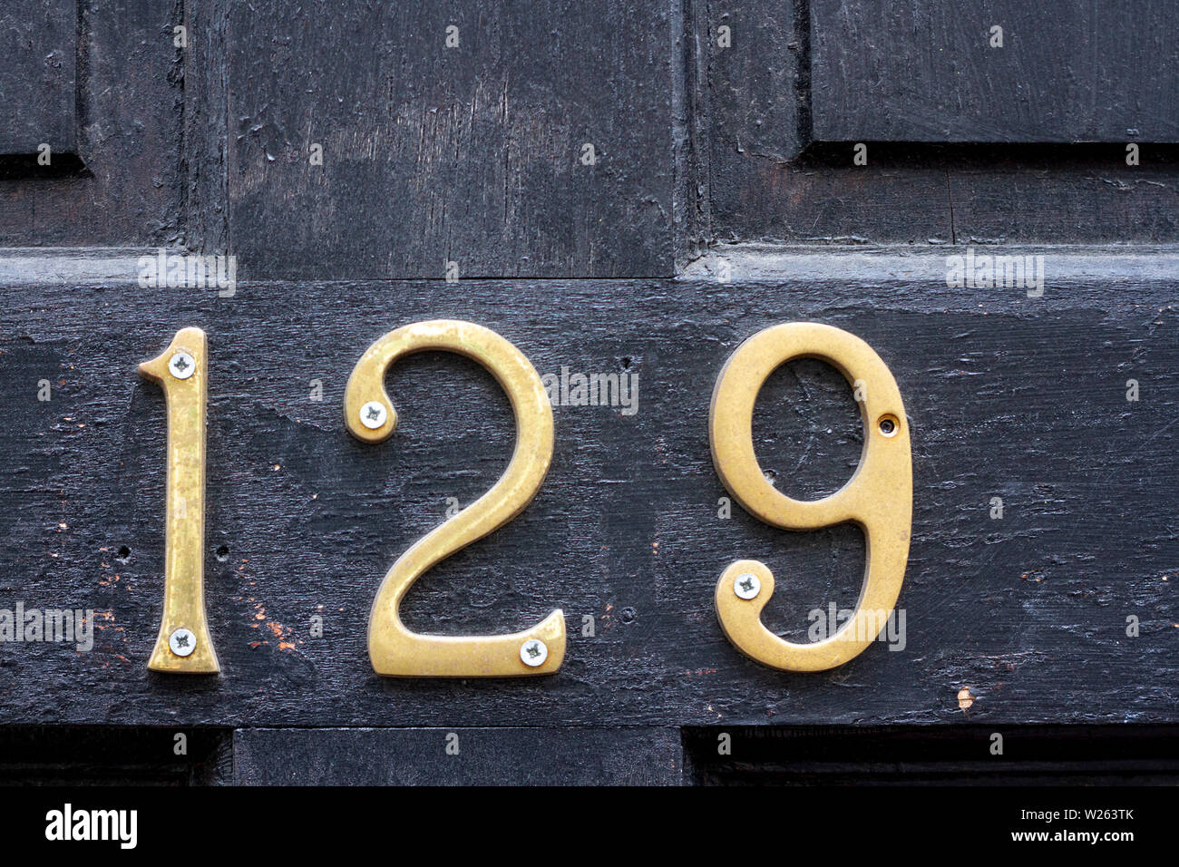 House number 129 with the 129n in metal digits on a wooden front door