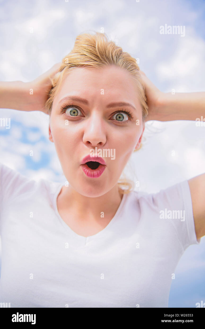 Emotional Woman Fashion Short Hair Blonde Cute Girl Raises Her