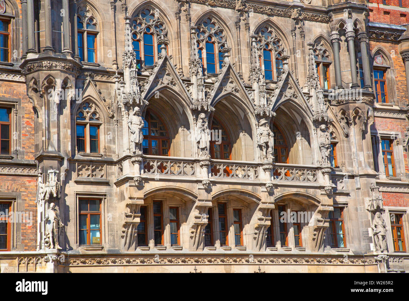 Marienplatz - main square of the Munich, Germany. The old and new city halls, Marian column, church Frauenkirche and Fish's fountain together are form Stock Photo