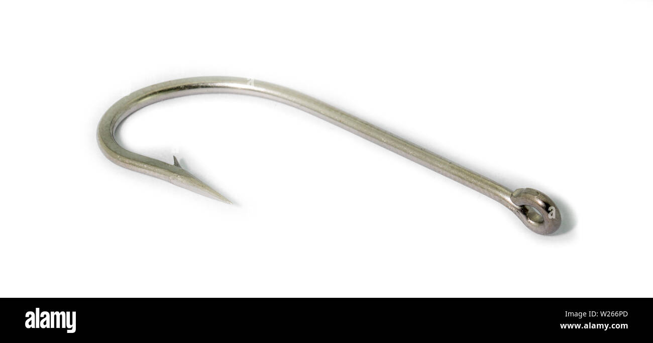 Silver fish hook with barb isolated/Fish hook/Fishing hook isolated on white Stock Photo
