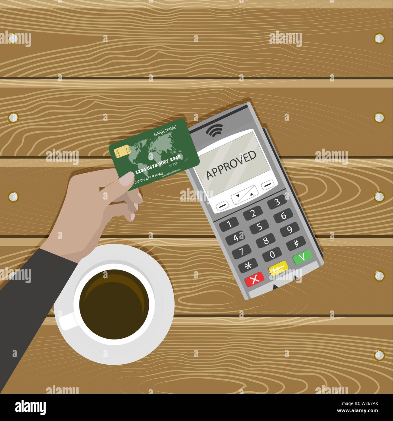 Modern kind pay card without contact. Vector terminal get verification card when passing payment illustration Stock Vector