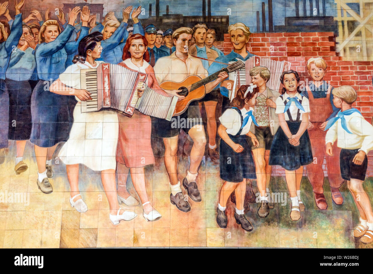 Detail, Pioneers GDR Socialist realism art from the time of the Communist German Republic Ministry of Finance, Berlin Germany Communist art Propaganda Stock Photo