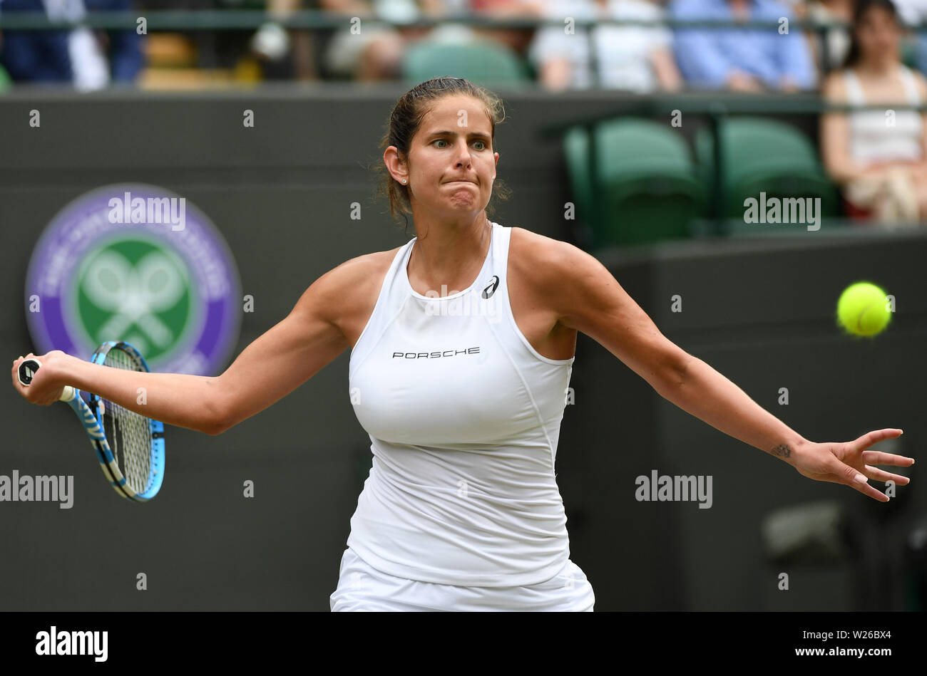 London, Britain. 6th July, 2019. Julia Goerges competes during the women's  singles third round match between Serena Williams of the United States and Julia  Goerges of Germany at the 2019 Wimbledon Tennis