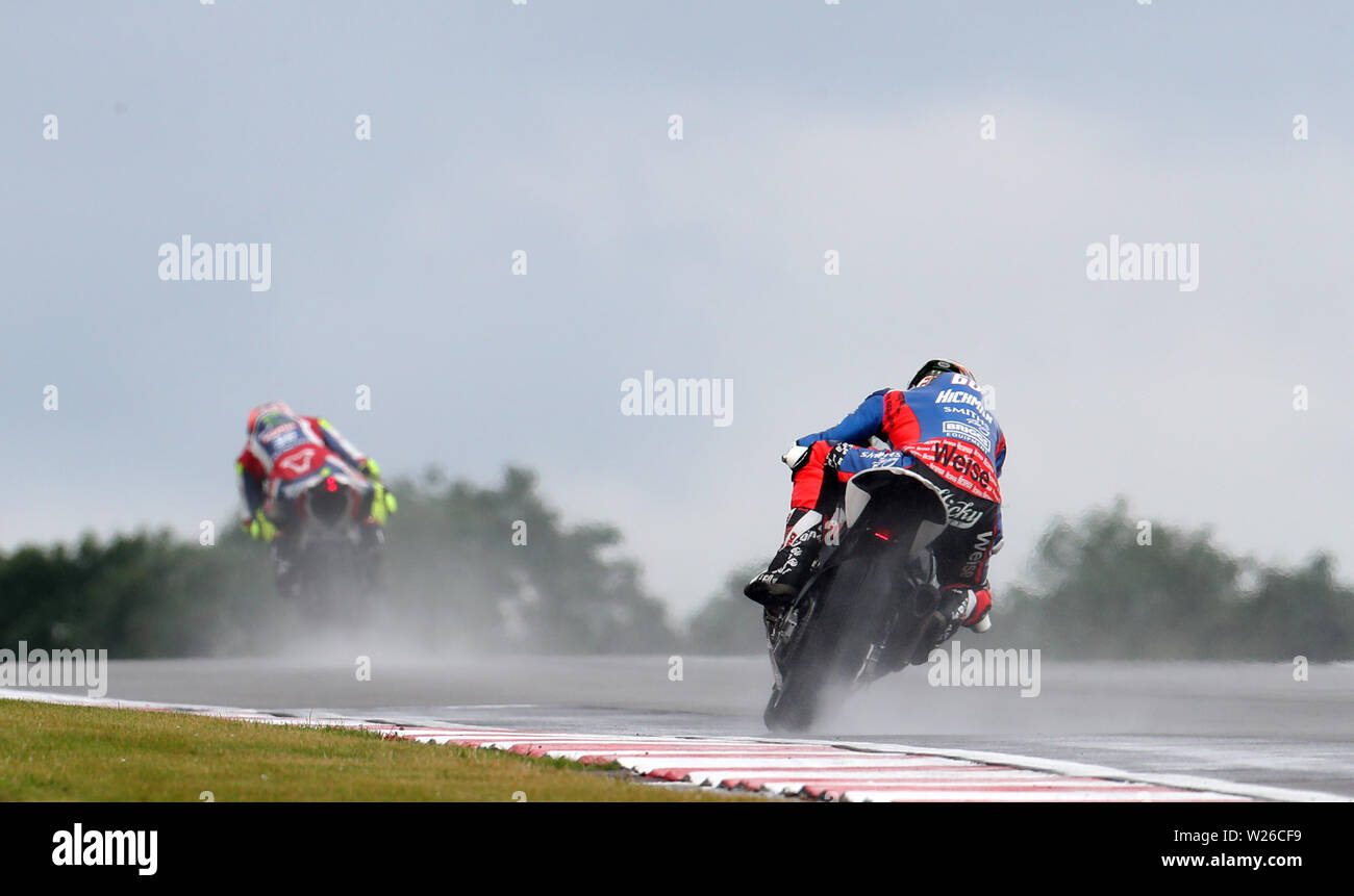 Peter Hickman in action during race day one of the British Grand Prix of the Motul FIM Superbike World Championship at Donington Park. Stock Photo