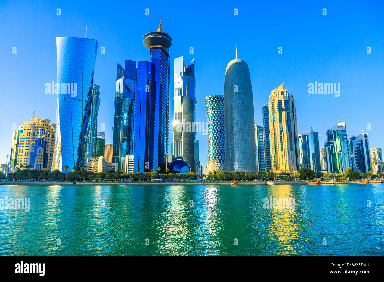 Doha, Qatar - February 20, 2019: Qatar International Exhibition Center, Doha Tower, Salam Tower, World Trade Center and Doha Bank Tower, iconic Stock Photo