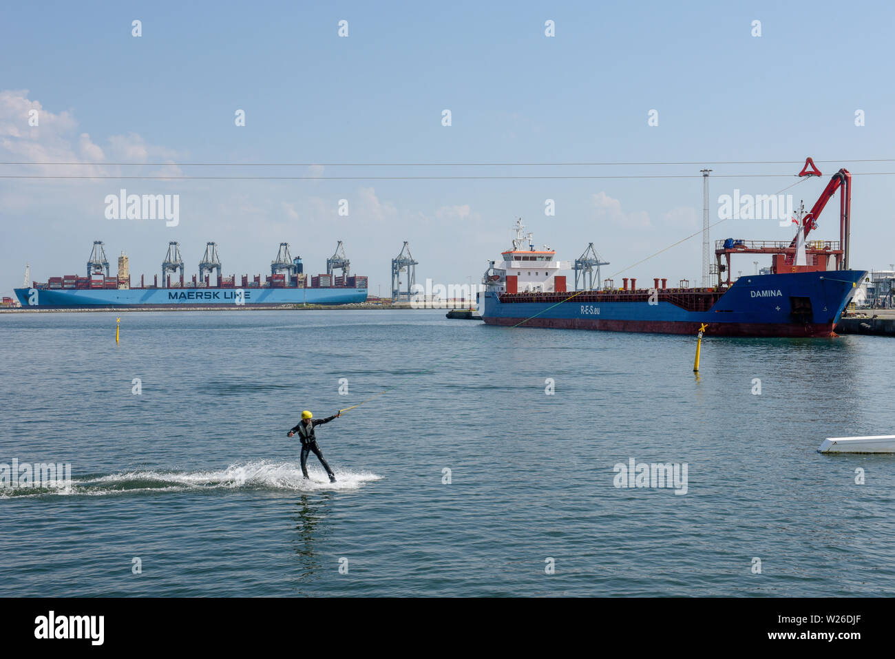 Aarhus, Denmark - 19 June 2019: man wakeboarding on the port of Aarhus in Denmark Stock Photo