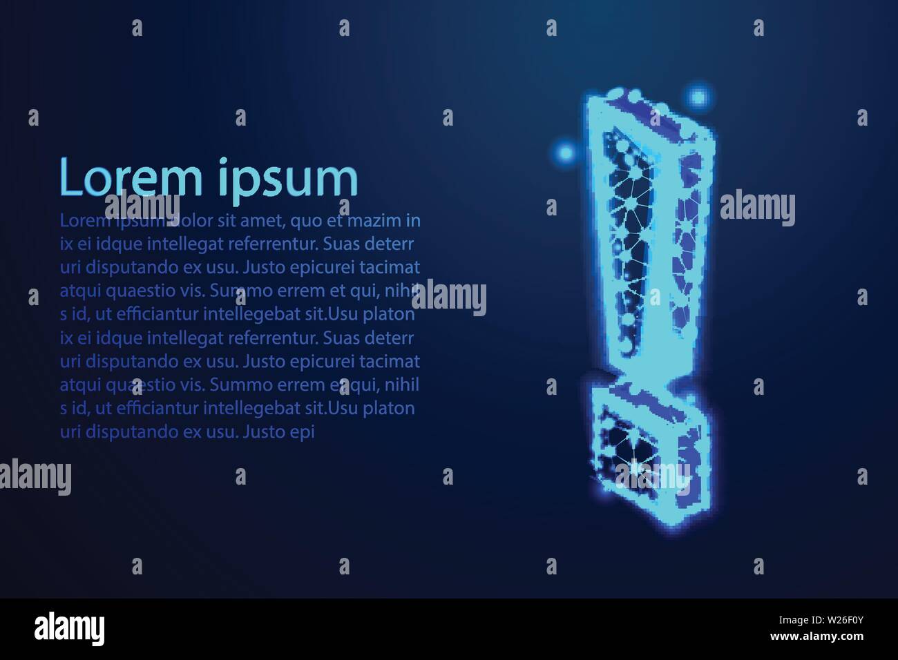 Exclamation mark, Abstract low poly, Triangle, dot, line, polygon. Shine blue background, Vector illustration Stock Vector