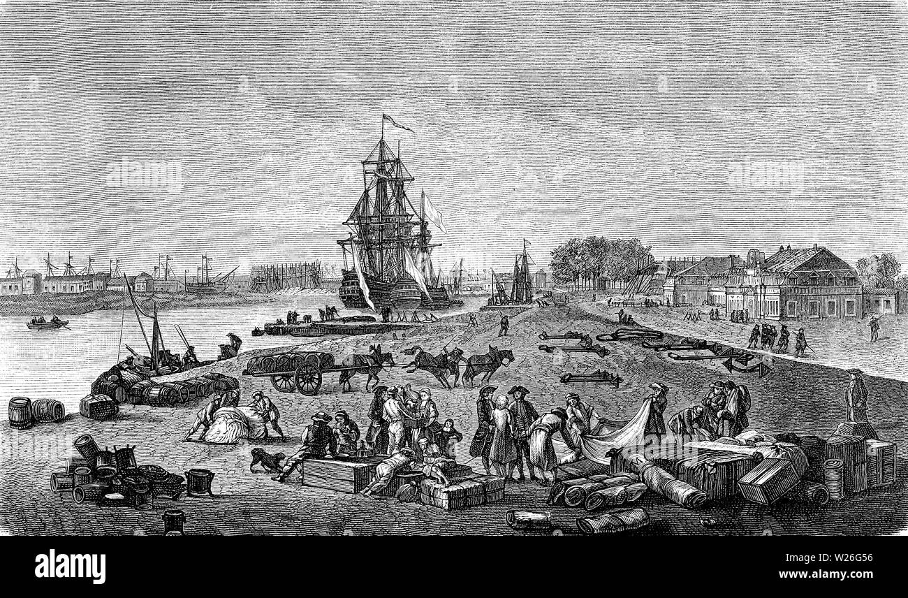 Rochefort harbor built on the Charente river few miles away from the Atlantic coast of France, 18th century engraving Stock Photo