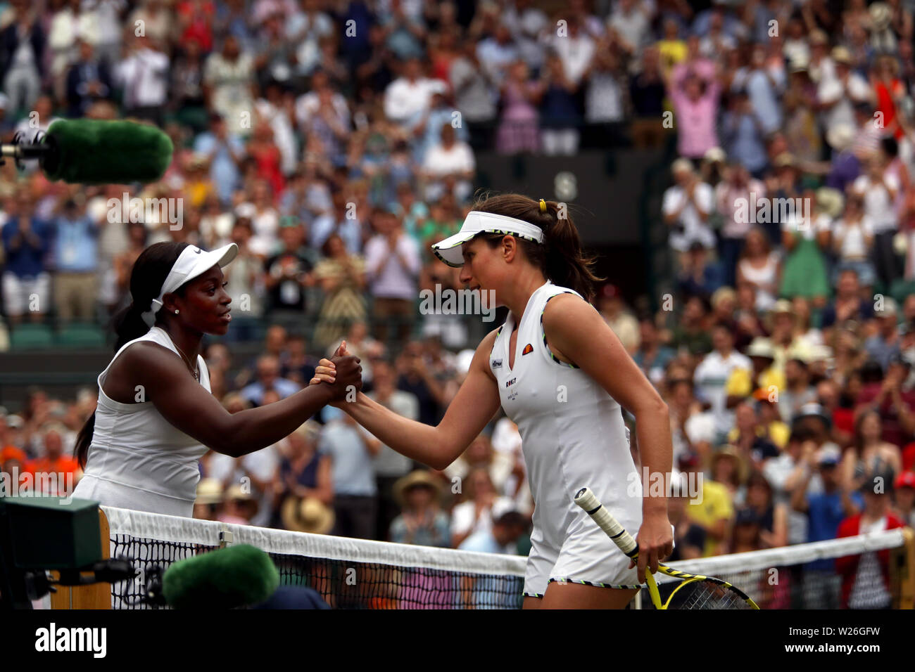 Wimbledon, 6 July 2019 - Johanna Konta of Great Britain congratulates her opponent, American Sloane Stephens, after Konta defeated her in their third round match  at Wimbledon. Credit: Adam Stoltman/Alamy Live News Stock Photo