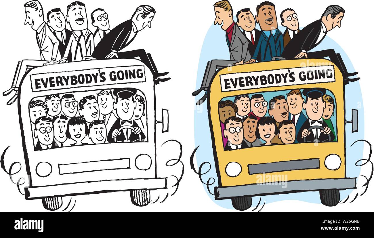 A cartoon of a happy group of people going on a trip in a schoolbus