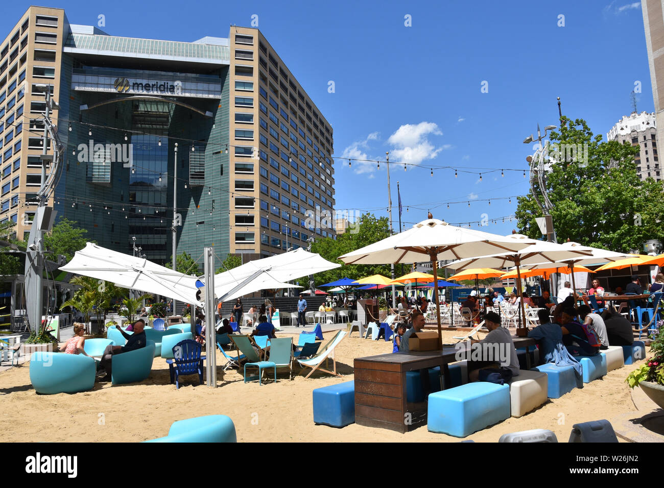 DETROIT, MI / USA - JUNE 30, 2019:  People enjoying a sunny day in Campus Martius park. Stock Photo